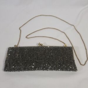 Moyna Black Beaded Clutch with Gold Chain